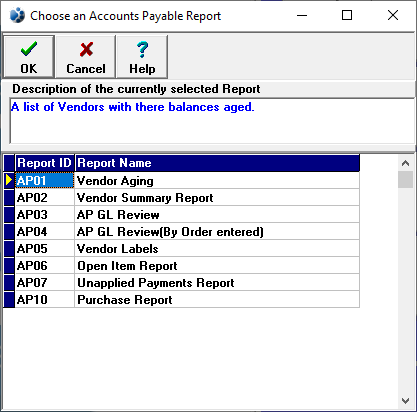 screenshot of the choose accounts payable report window