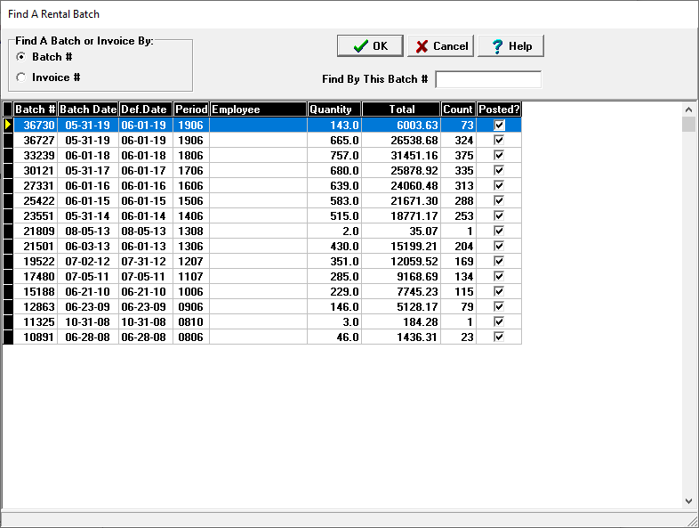 screenshot of the find a rental batch by batch number window