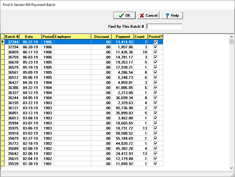 screenshot of find a vnedor bill payment batch screen